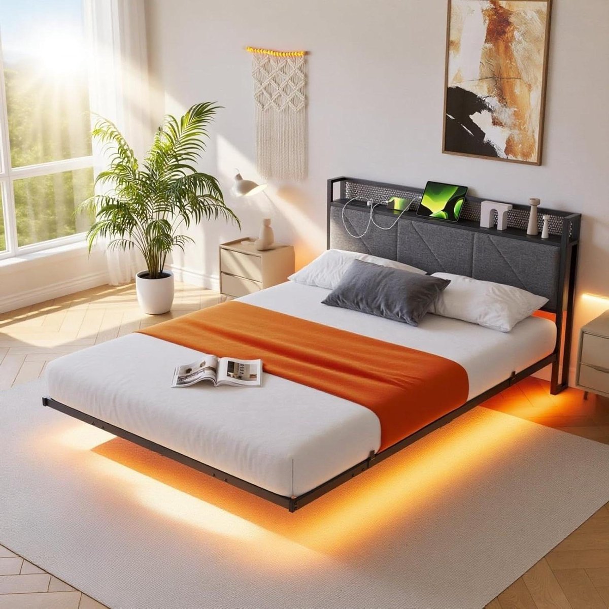 Zwevend Bedframe - Platform Bed - Moderne Slaapkamer - Met LED en USB - 140 x 200 cm - Donkergrijs