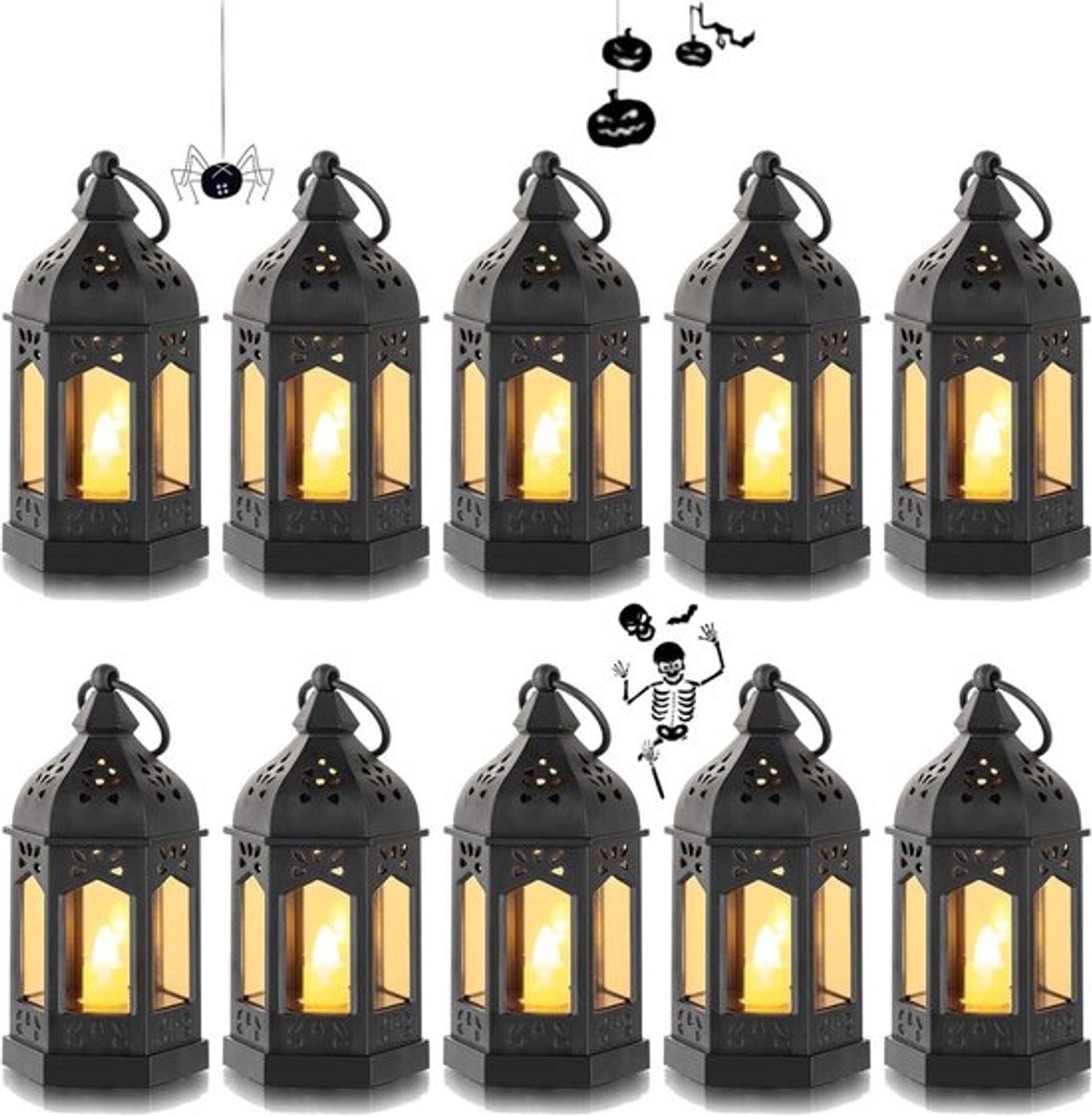 SnelShoppen - Romadedi Mini Lanterns Zwart - Set van 10 Kleine Hanglampen met LED Kaarsen 