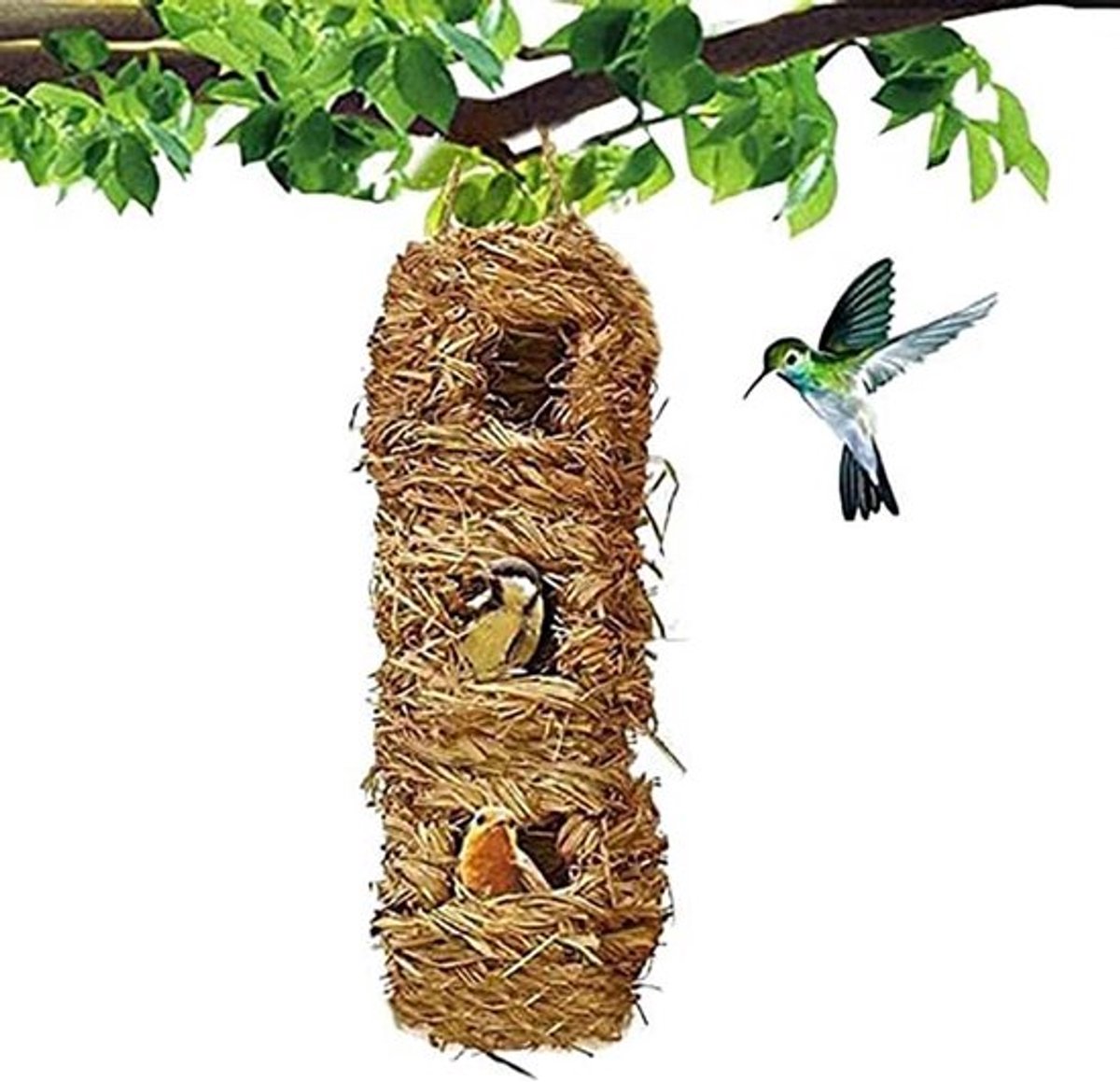 Vogelhuis voor Buiten - Vogelhut - Hangend - Gras - Vogelhoesting - Pocket - Songbirds - 3 Gaten - Geschikt voor Alle Vogelsoorten - Groen - Natuurlijk Ontwerp