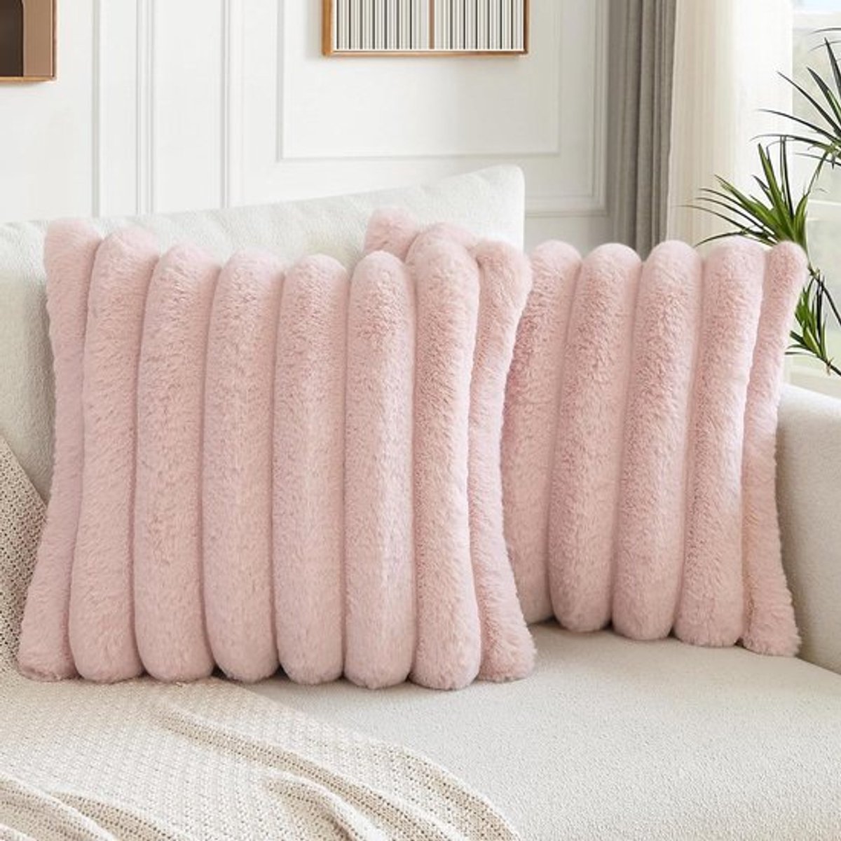 Set van 2 fluffy fluwelen kussenslopen - Zachte kussenhoezen voor slaapkamer, thuis, bank, auto - Roze - 45 x 45 cm