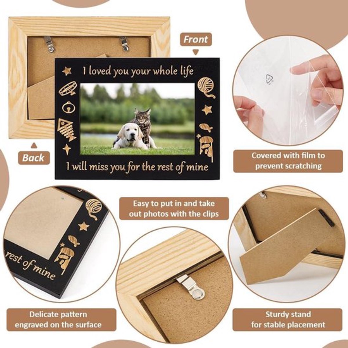 Fotolijst voor katten aandenken - 15 x 20 cm - Houten fotolijst - Kat cadeau - Plastic frame
