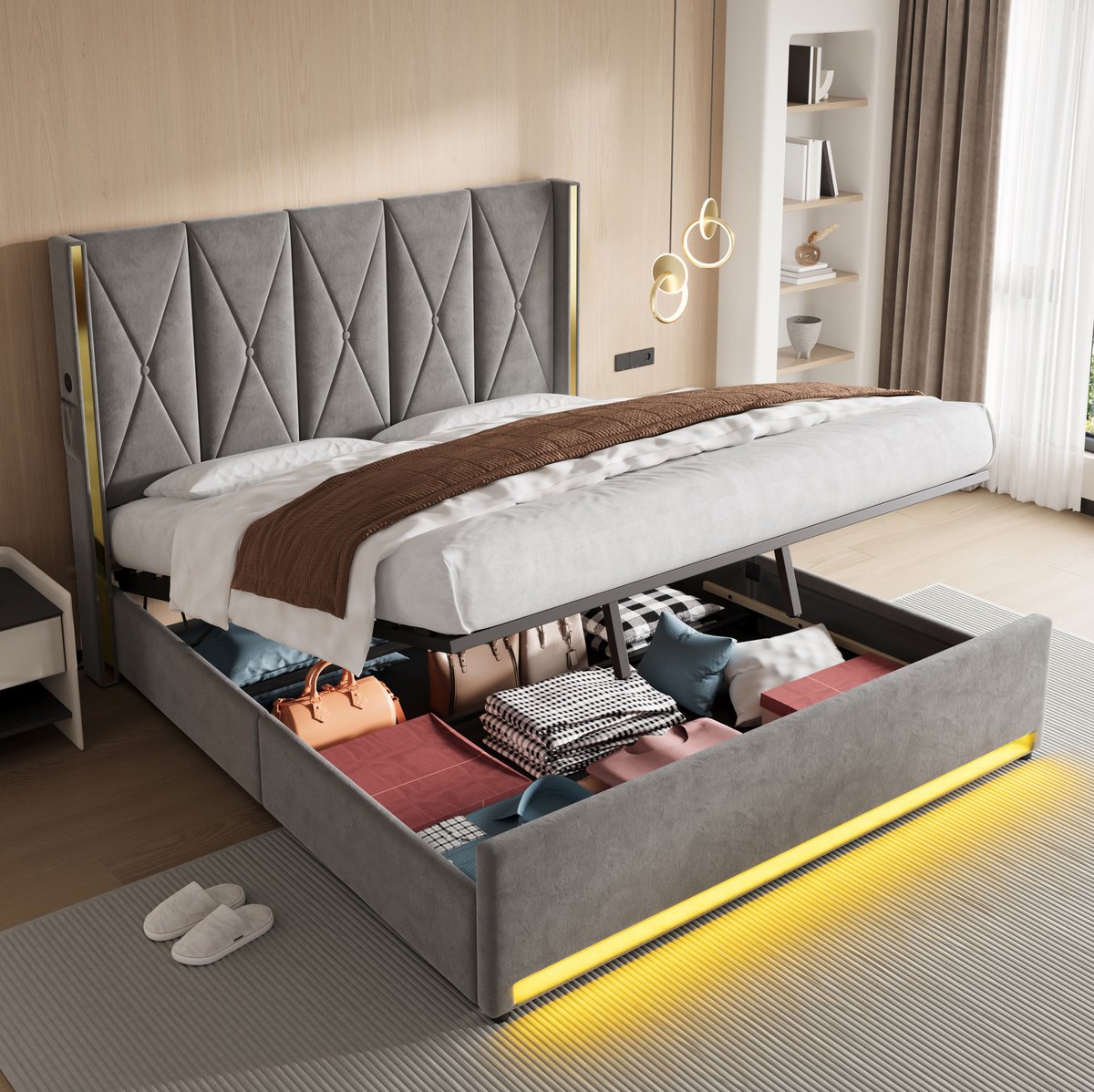 MODFU - Bedframe - Opbergruimte - LED - USB - Velours - Grijs - Tweepersoons