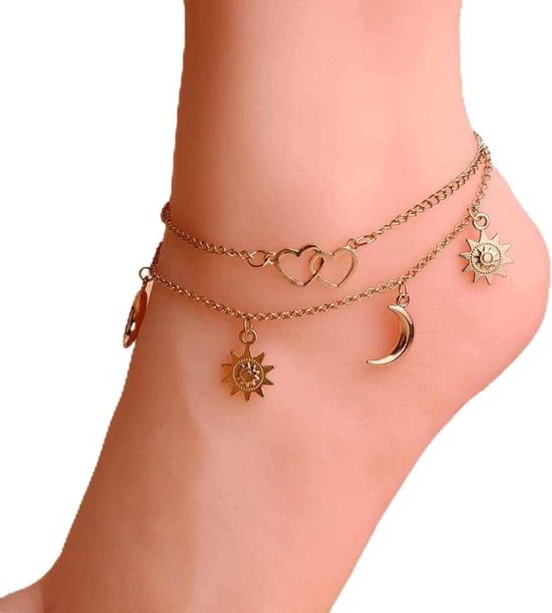 Verstelbare enkelbandje zilver/goud met zon, liefde en maan hanger - Enkelarmband voor strand zomer - Voet sieraden ketting vrouwen en meisjes - Trendy design