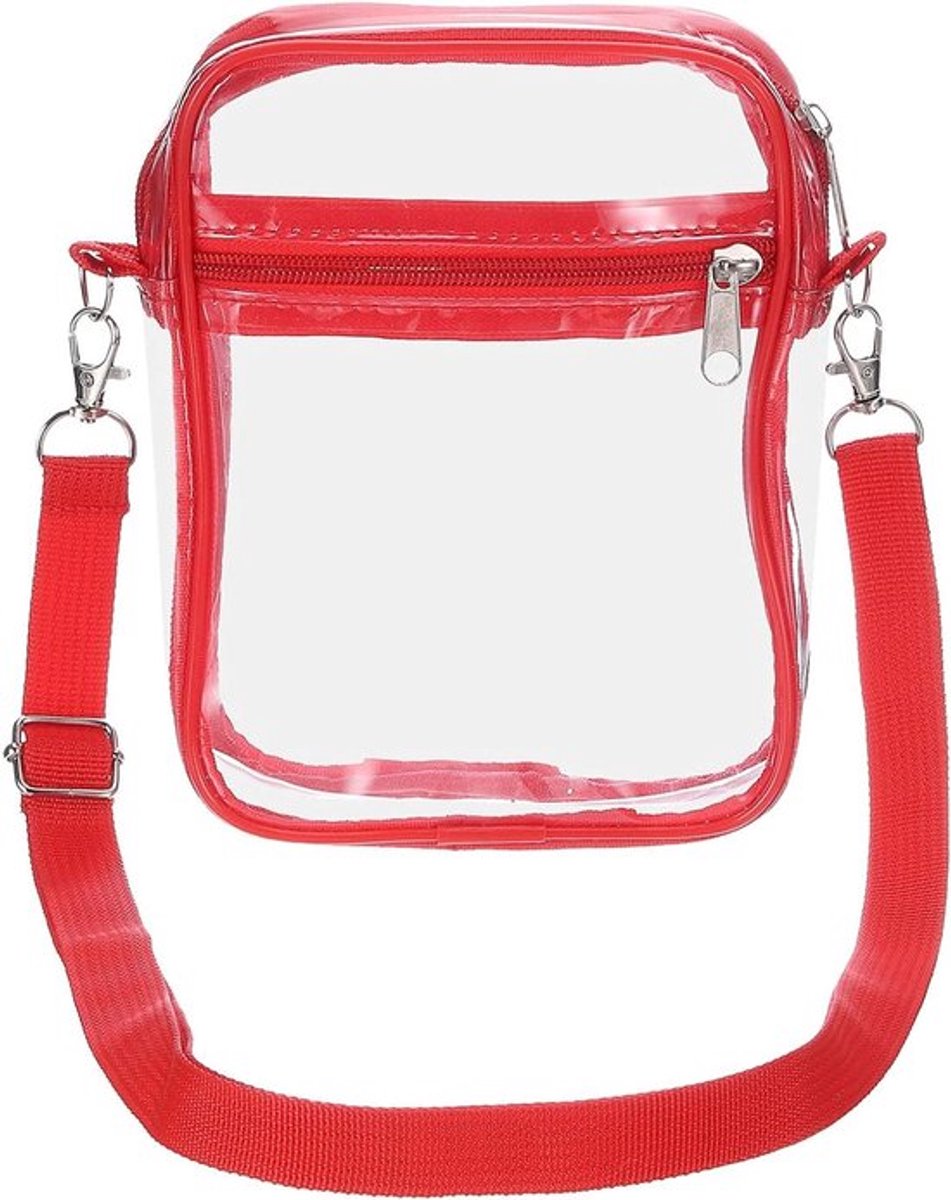 Transparante crossbody tas voor stadionevenementen en festivals, waterdicht, rood, 15 x 4,6 x 20 cm.