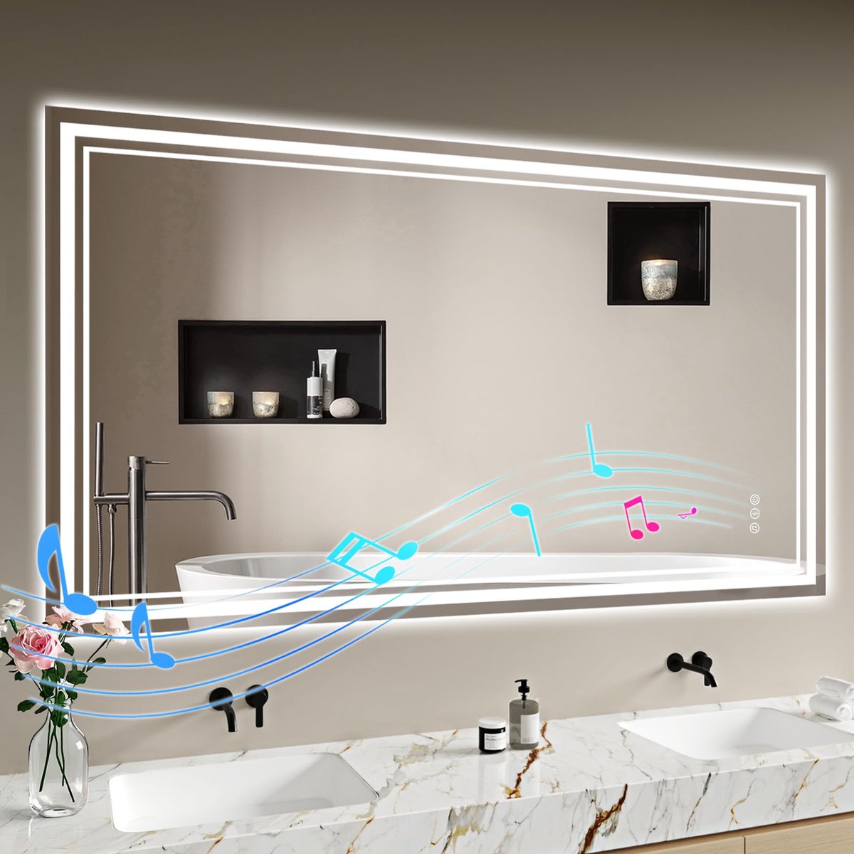 SnelShoppen - Archaluxe Badkamerspiegel met Verlichting LED Dimbaar 3 Lichtkleuren 140x70 cm - Bluetooth Condensvrij Aanraakschakelaar Badkamer Spiege