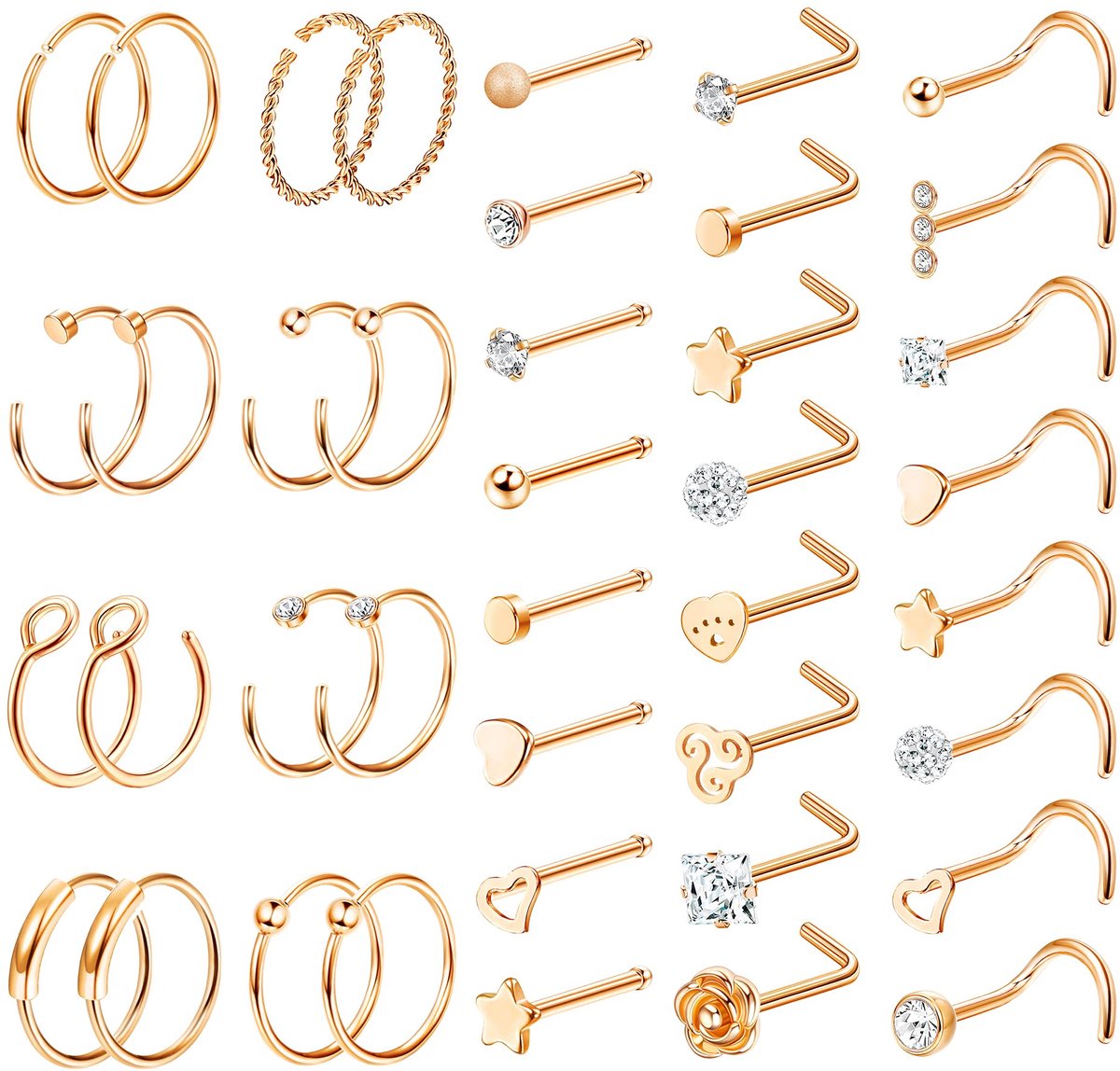 Dailygoods - 23/40Pcs Neusringen, Chirurgisch Staal, Zilveren Neusstuds Set
