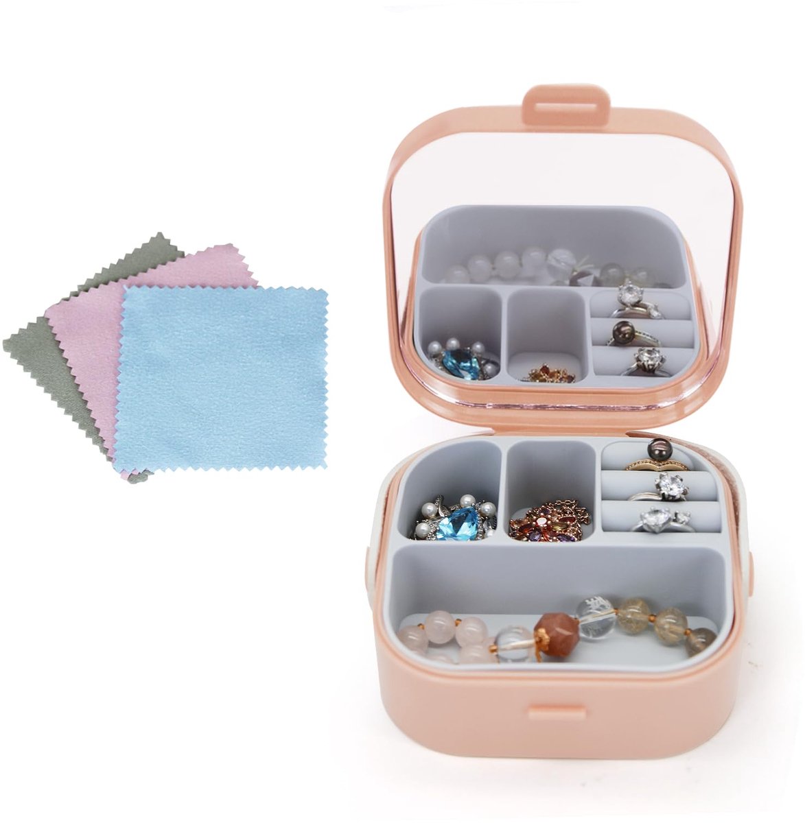 Dailygoods - Sieradenbox met Spiegel en 3 Reinigingsdoekjes - Draagbare Sieradenopberger