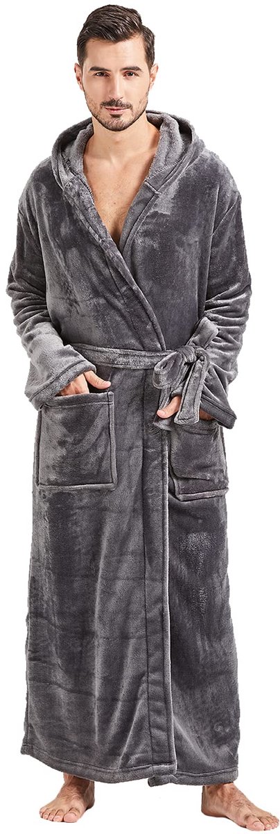 SnelShoppen - Heren Badjas met Capuchon Pluche, Lange Fleece Badjas, Grijs, 4XL-5XL Plus Tall, Warme Huisbadjas met Zwarte Rand voor Comfort en Relaxa