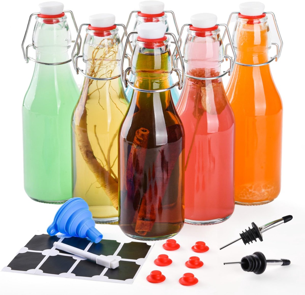 Dailygoods- Glazen Flessen 250 ml - Beugelflessen - Set van 6 - Luchtdicht - Voor Wijn/Sap/Olie - Inclusief Trechter/Afdichtdoppen