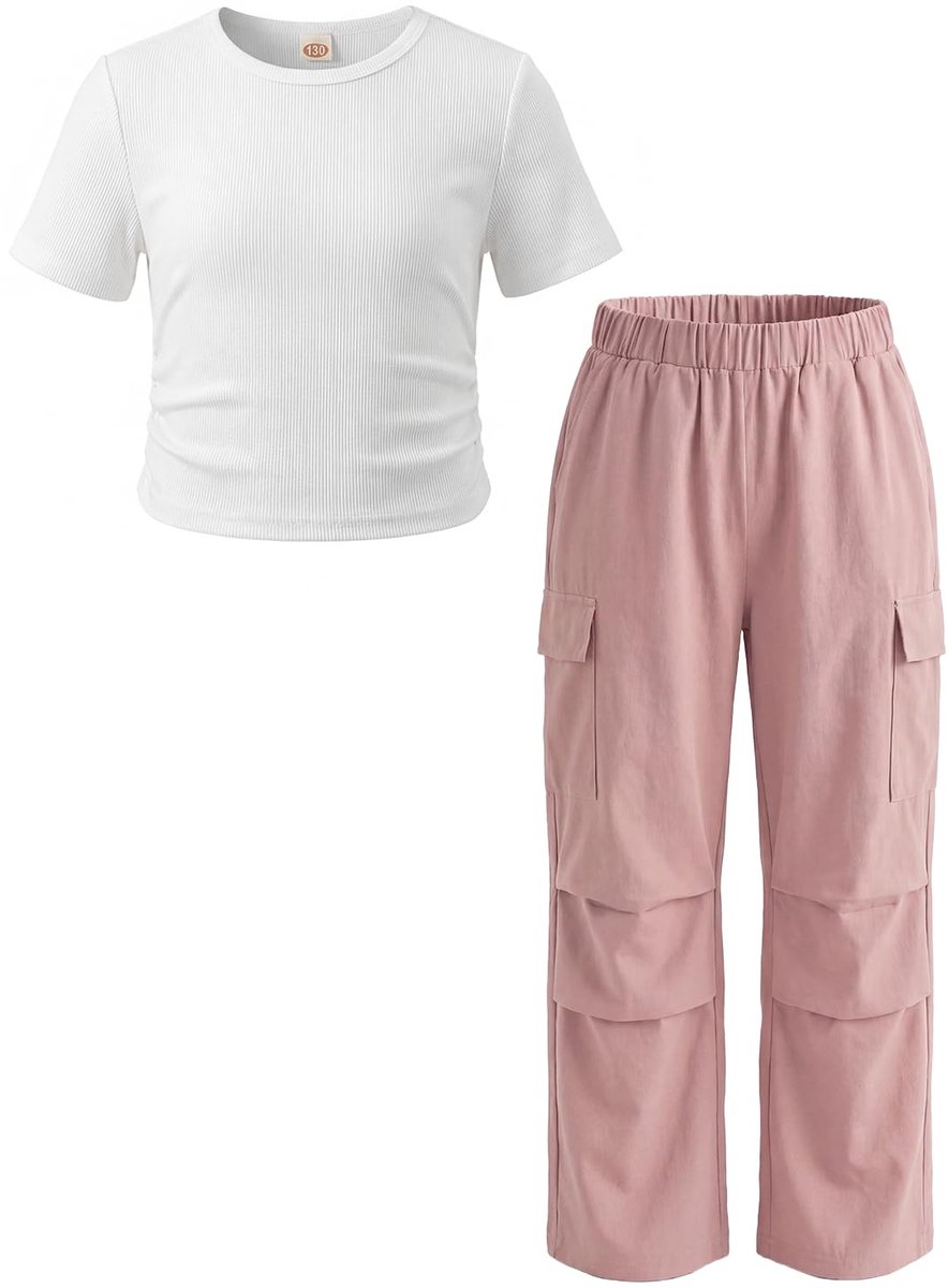 SnelShoppen - JiAmy Trainingspak Meisjes 7-14 Jaar, Geribbelde Casual Tops Korte Mouwen, Trendy Cargobroek met Zakken, Roze, 9-10 Jaar, Perfect voor S