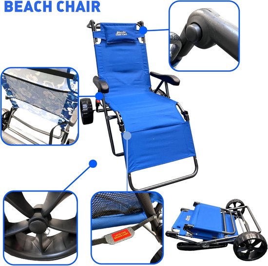 Strandkar Stoel - Strandwagen Opvouwbaar - Strandtransport en Ontspanning - 2-in-1 Functie - Grote Wielen - Blauw — afbeelding 4