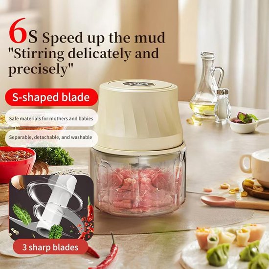 Mini Keukenmachine - Voedsel Snijder - Snel Ingrediënten Hakken - Draadloos Veiligheidsslot - 350ml Capaciteit - Crèmekleurig van MINI — afbeelding 2