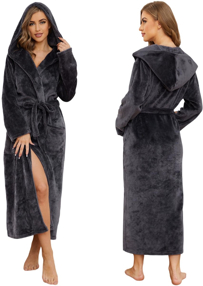 SnelShoppen - Dames Badjas Lang met Capuchon - Pluizige Badstof Badjas voor Dames - Grijze M - Ideaal voor Thuis, Sauna of Wellness