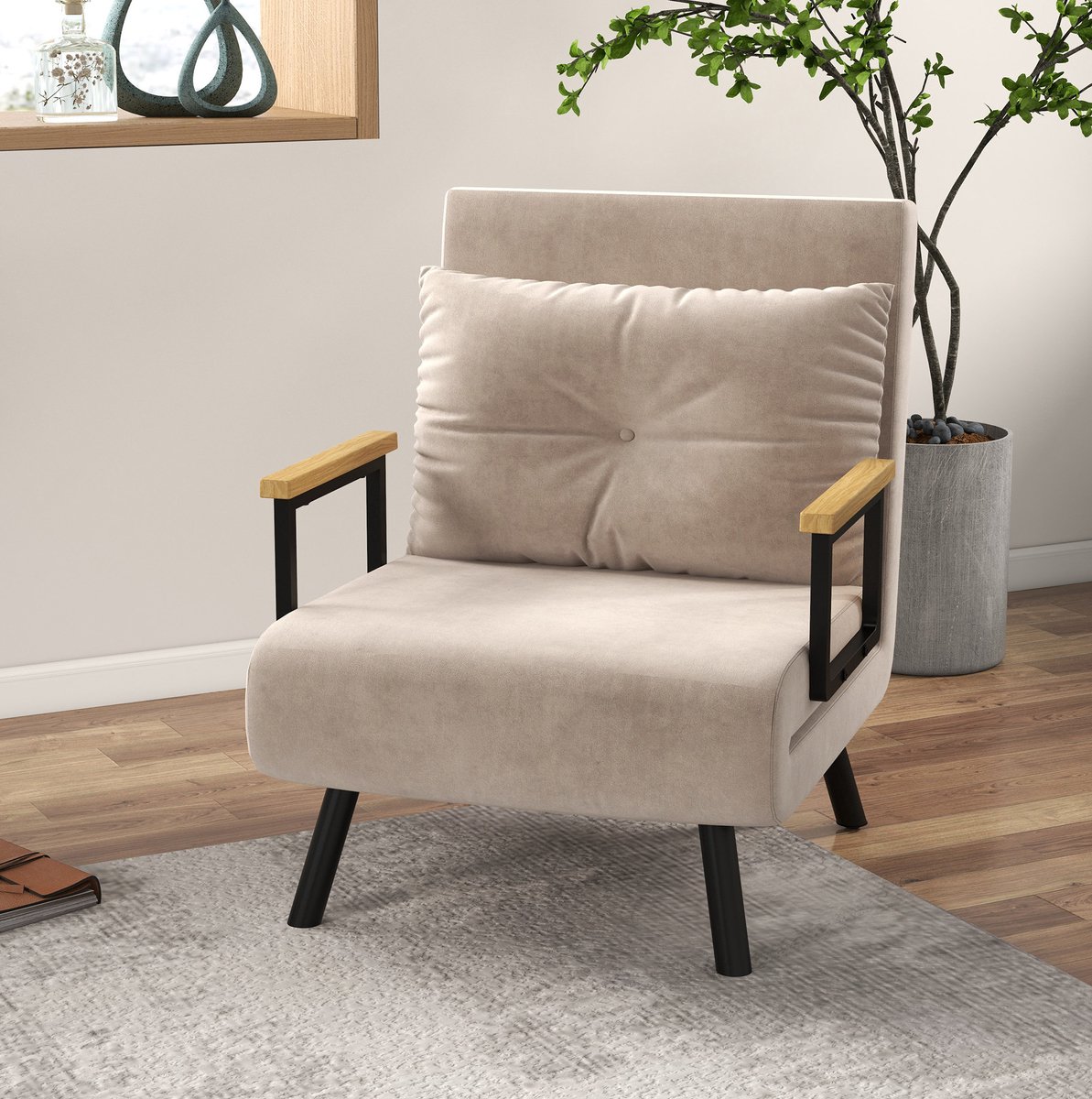 OKWISH Fauteuil Met Bettfunktion 63 X 73 X 81 Cm Verstelbare Rugleuning En Armleuningen Voor Woonkamer Beige Polyester