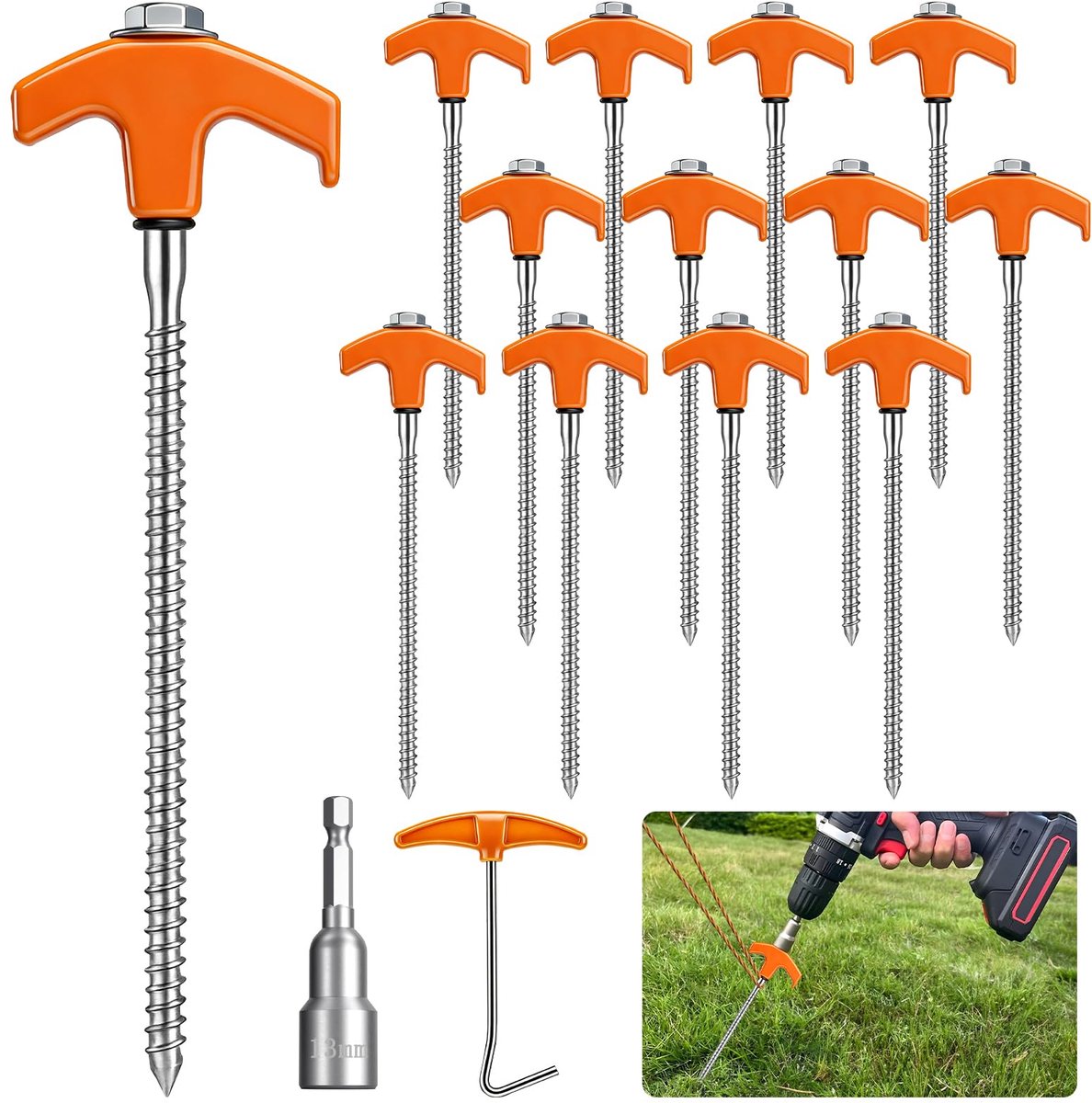 SnelShoppen - 12 Draaibare Tentharingen met Schroefdraad en Bit-opzetstuk voor Harde Vloeren, Perfect voor Camping, Tuin, Bos en Weiden