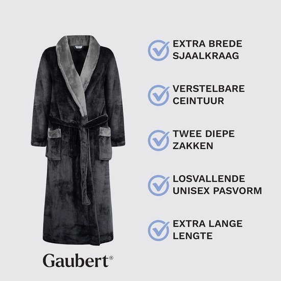 Donkergrijs, lang, zacht fleece badjas met grijze sjaalkraag, ceintuur, twee zakken. Extra brede kraag.
