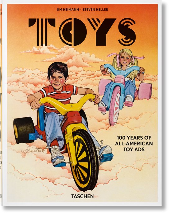 Boek "Toys. 100 Years of All-American Toy Ads" met een illustratie van twee kinderen op driewielers in de wolken.