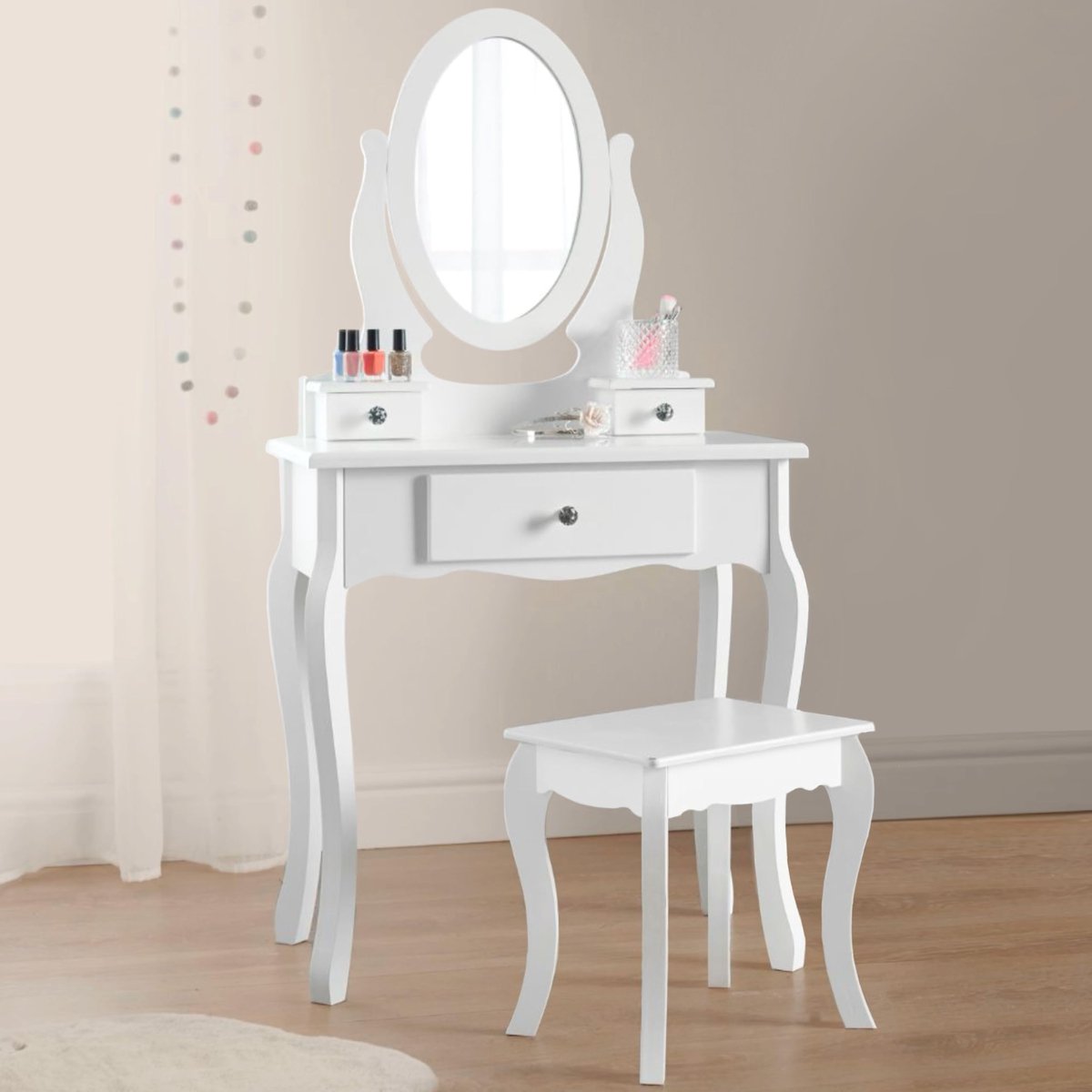 SnelShoppen - Meisjes Kaptafel met Spiegel en Krukje, Witte Houten Kindervanity Tafel met Kristallen Knoppen voor Kinderen (8-13 jaar) - Dresser Set v