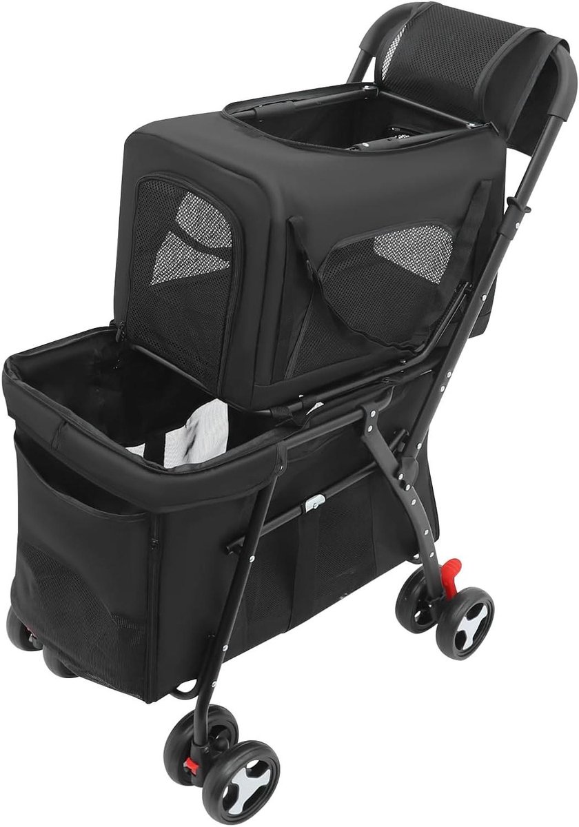Dubbele Hondenbuggy - Reismand Kat Hond - Huisdier Vervoer - Afneembare Draagtas - Tot 22 kg - Zwart
