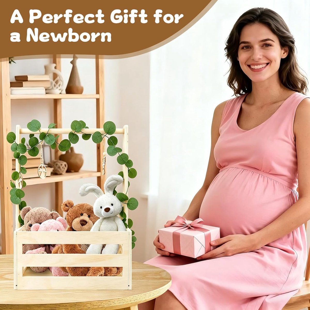 Houten babymand - Baby opbergmand Decoratiemand - Babykamer organiseren - Met handvat en hangers – foto 5