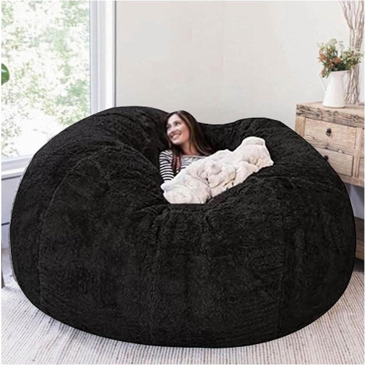 Zitzakhoes XXL - Bean Bag Cover - Ontspannen Zitten - Superzacht Imitatiebont - 180 x 90 cm - Zwart