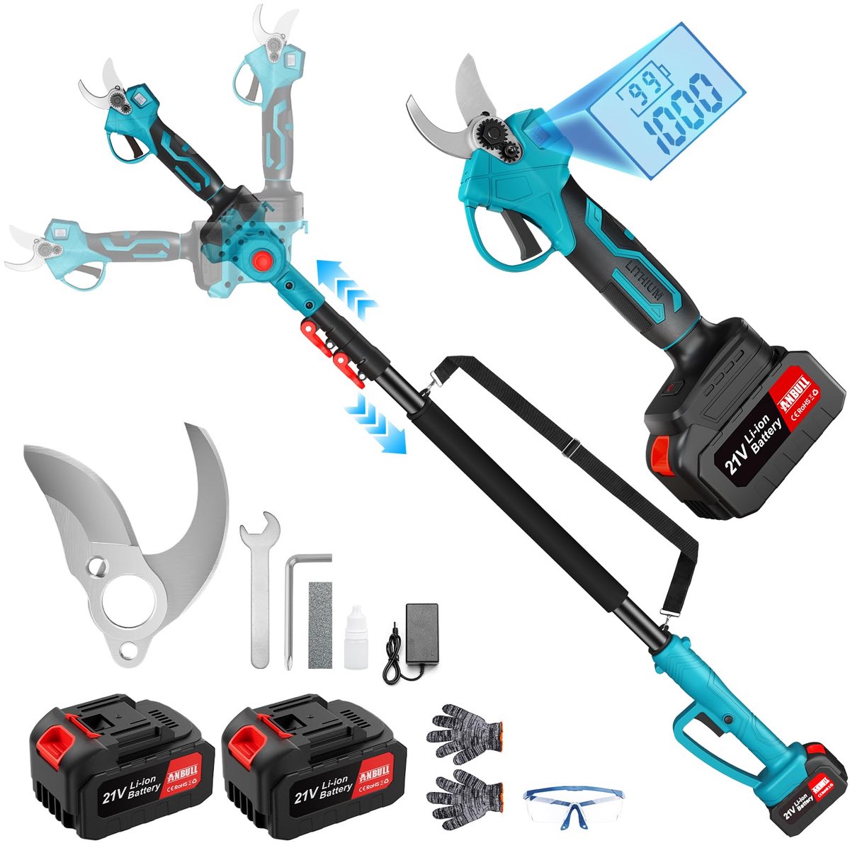 SnelShoppen - 2-in-1 Accu Takkenschaar Telescopisch tot 4,6 m Bereik - Elektrische Snoeischaar met Telescoopstang en Borstelloze Motor 500 W - Inclusi