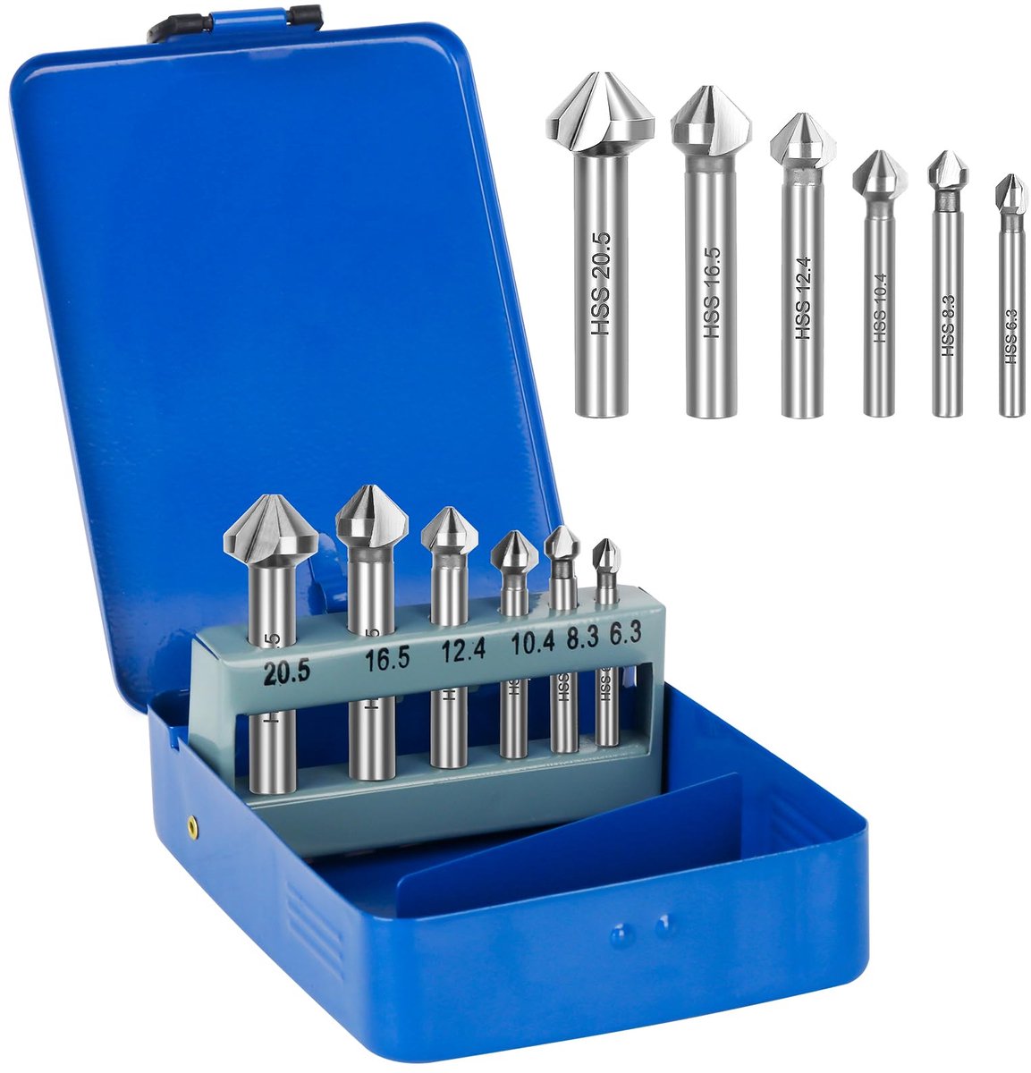 SnelShoppen - Countersink set 6-delig, HSS boor, Ø 6.3-20.5 mm, 90°, conisch en ontbraamset, DIN 335-C in metalen doos