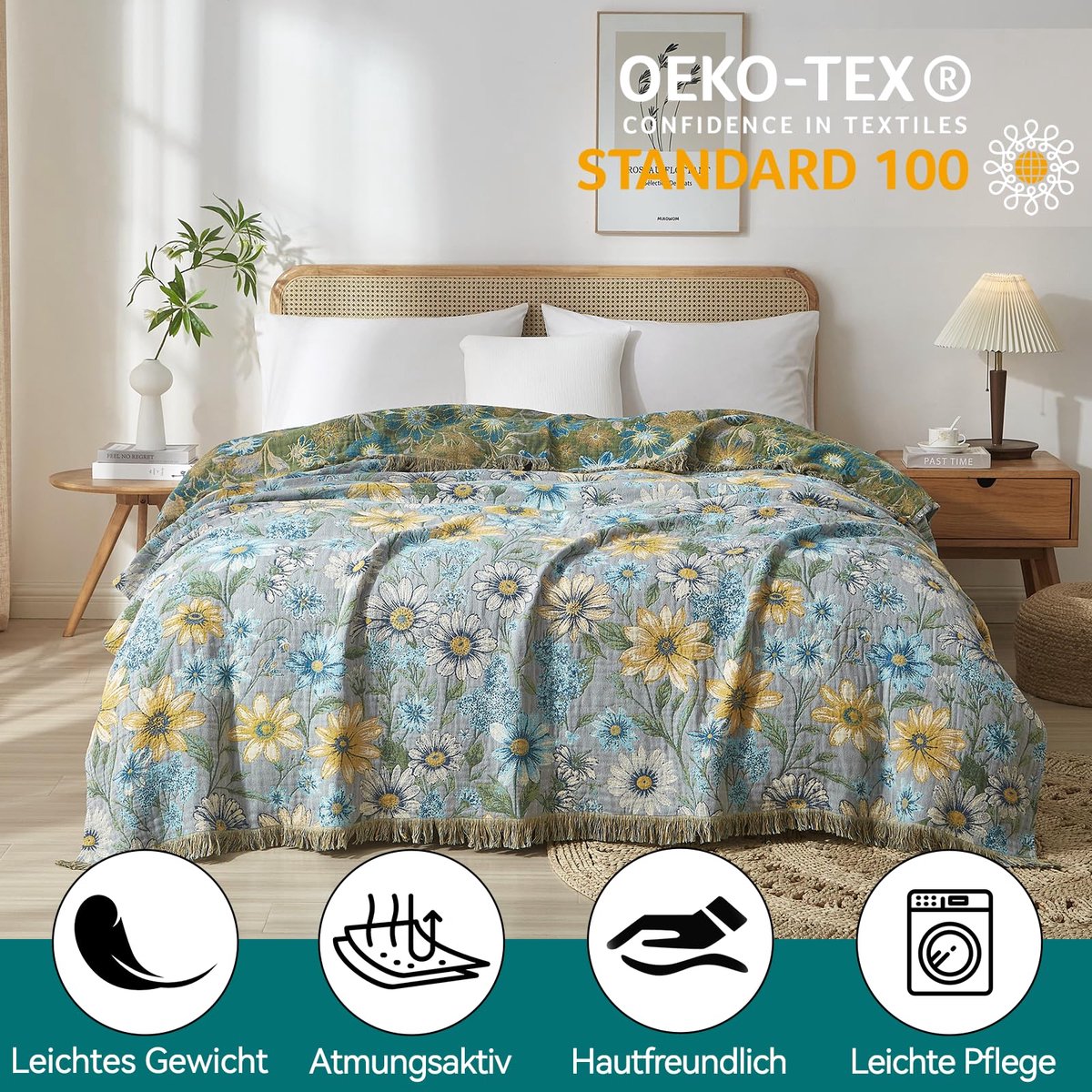 SnelShoppen - Premium Boheemse plaid 150x200 cm - 100% katoen knuffeldeken met franjes - Dubbelzijdige mousseline boho-deken in blauw - Perfect voor o