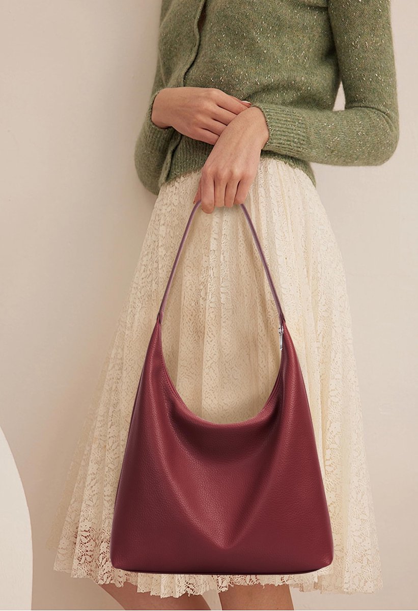 SnelShoppen - Dames Shopper Handtas Schoudertas PU Lederen Tote Bag Vintage Hobo Tas met Ritssluiting Groot voor Werk School Casual Bordeaux Medium
