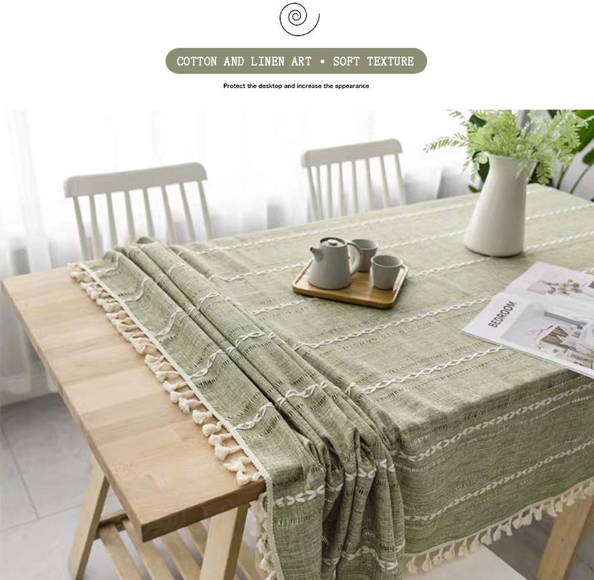SnelShoppen - Waterdicht Tafelkleed Katoen Linnen met Kwastjes - Groene Strepen - Rechthoekig/Ovaal 140x200cm - Perfect voor Keuken, Tuin, Feest en Ou