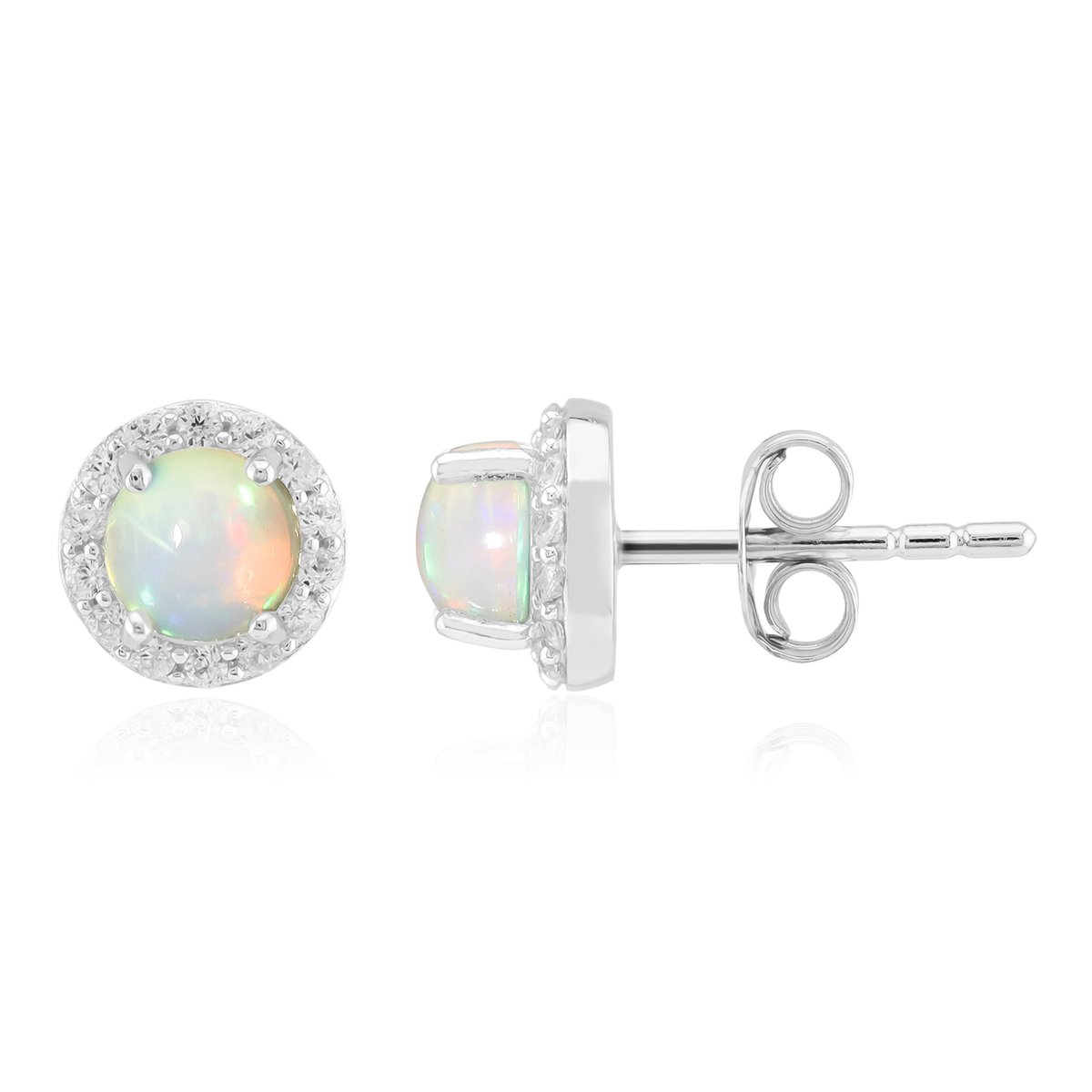 Cavill - Zilveren oorbellen met 2x Welo Opalen 0,585 ct en 28 Zirkonia's 0,277 ct - 925 Sterling Zilver - Elegante handgemaakte cabochon oorbellen