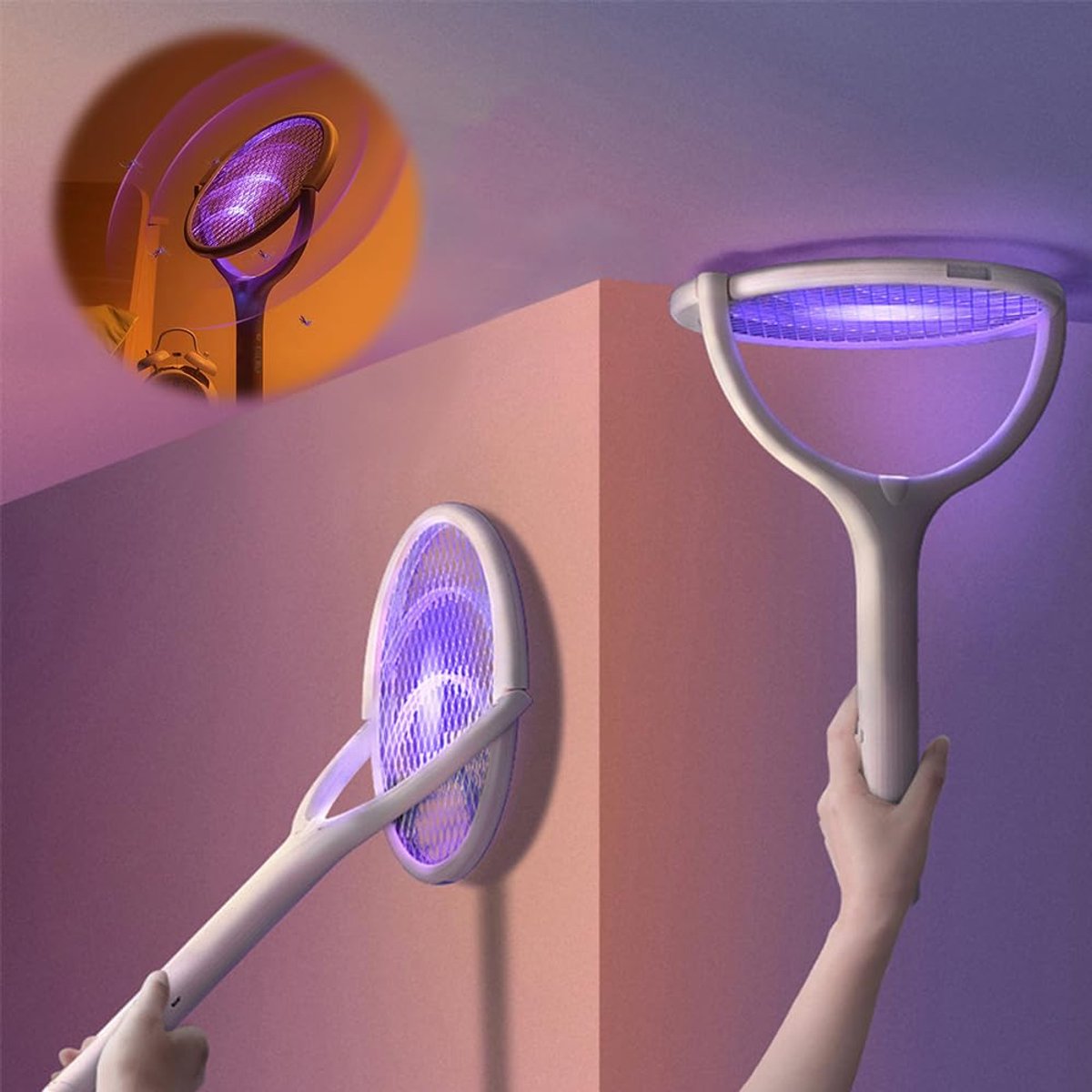 SnelShoppen - Elektrische vliegenmepper 3500V met Roterende Kop, 6-in-1 Oplaadbare Muggenmepper, USB Insectenval met Telescopische Verlengstang voor T