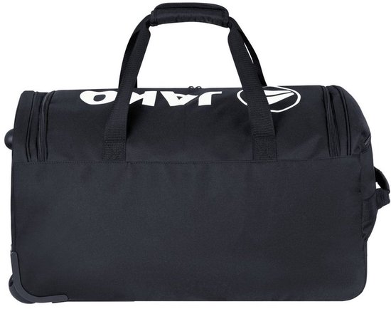 Sac de sport noir Jako avec poignées et roulettes sur le côté.