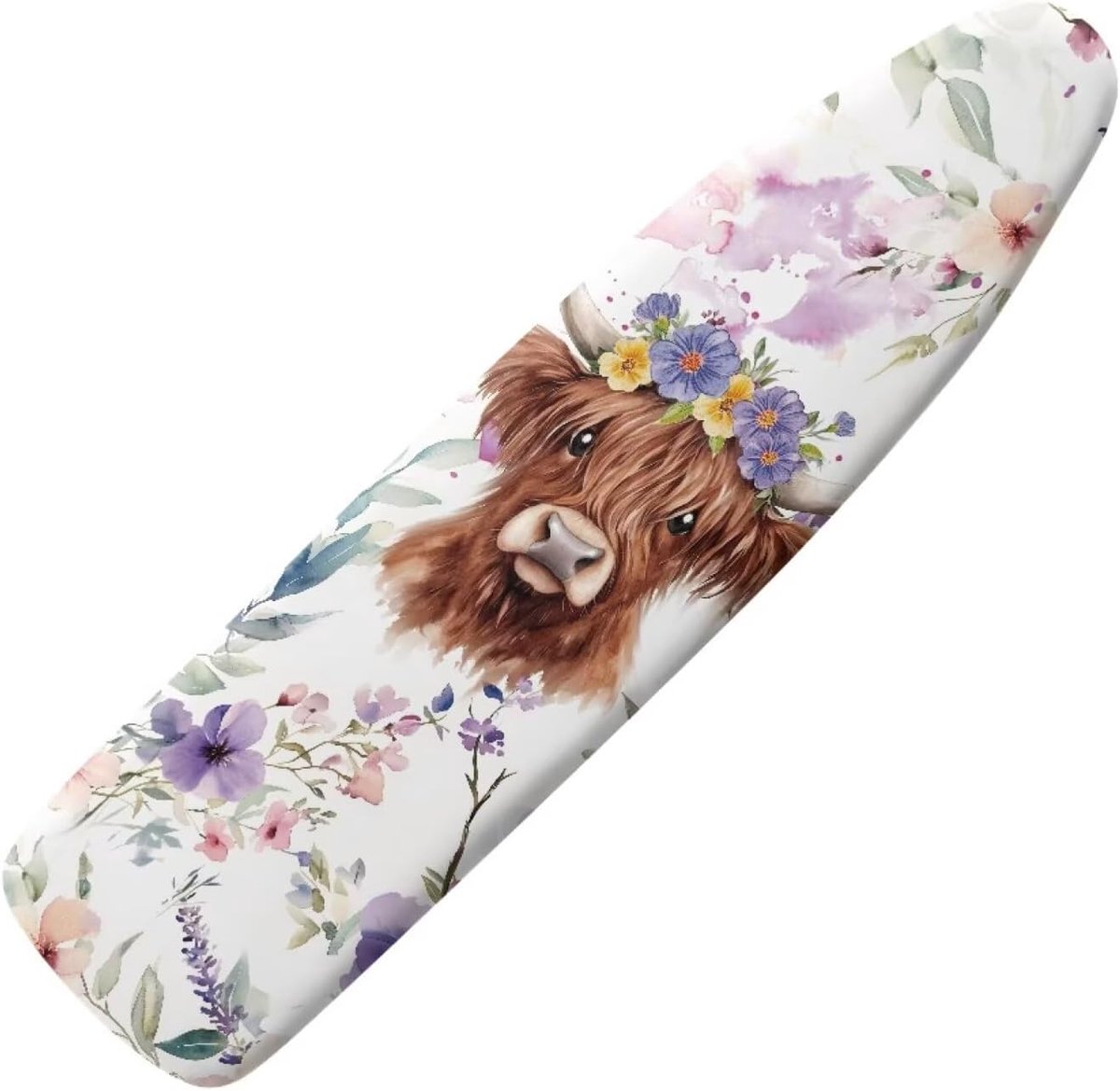 Universele pasvorm strijkplankhoes, rekbare rand met klittenbandsluiting, zachte polyester spandex ijzeren plankhoes, eenvoudig te installeren, Highland Cow Floral Violet