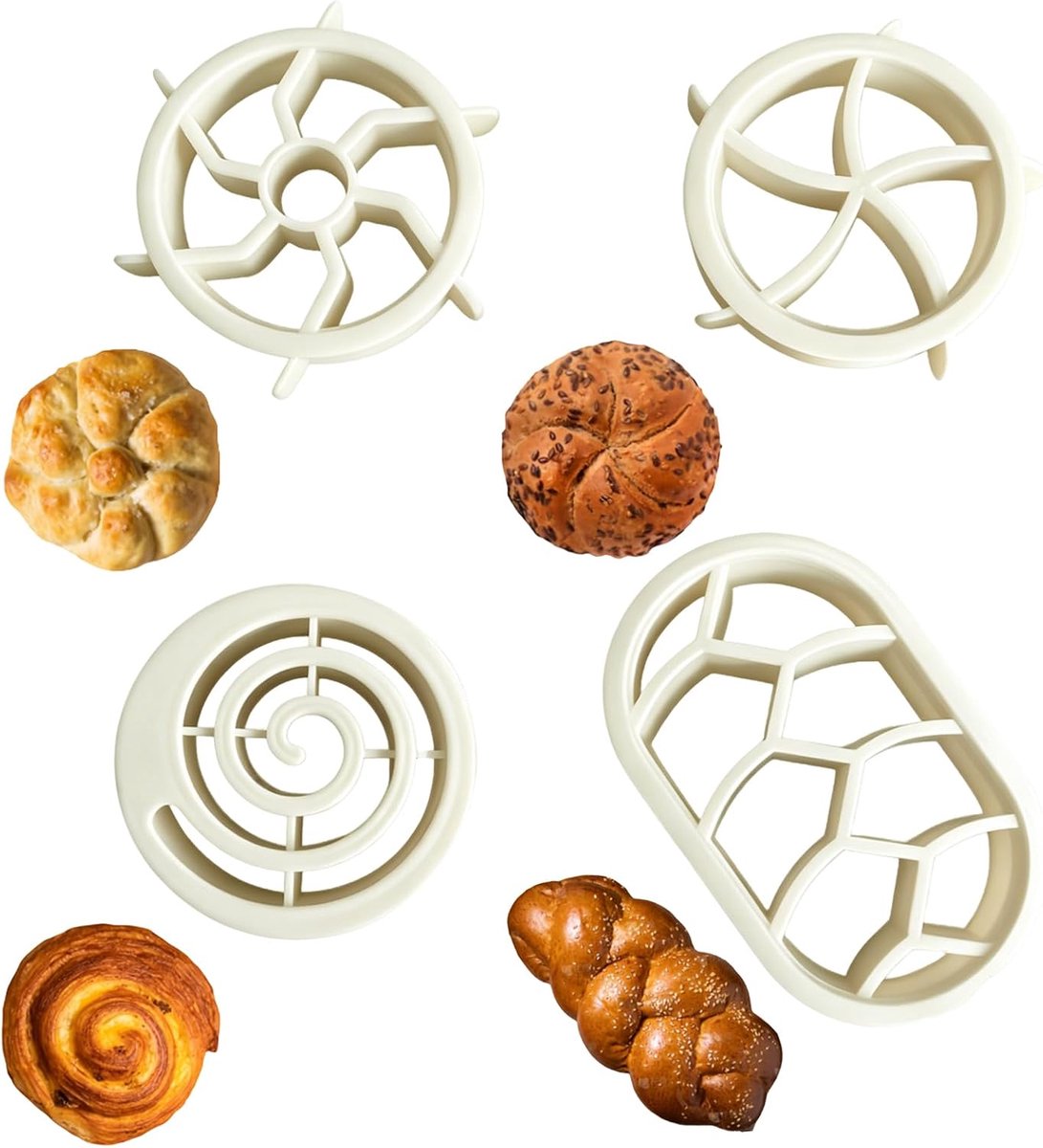 Set van 4 broodstempels, wit, ovale broodvorm, reliëfgereedschap van voedselveilige kunststof, deegstempel en bakvorm voor brood, broodjes, koekjes, doe-het-zelf bakaccessoires voor