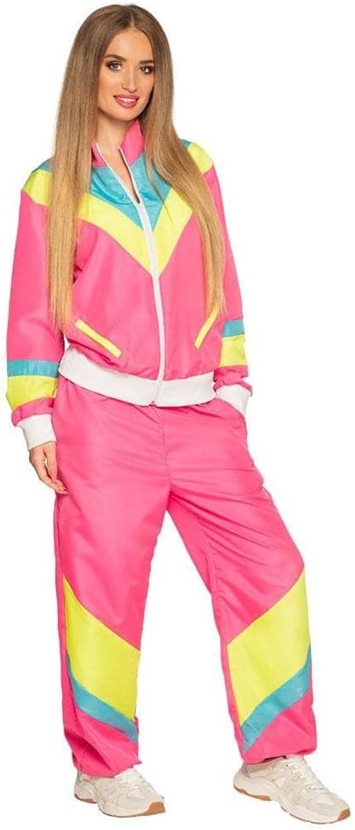 - Trainingspak voor dames uit de jaren 80, neonroze | Jas en broek, licht op onder blacklight, retro joggingpak, carnaval, themafeest, groepskostuum voor volwassenen