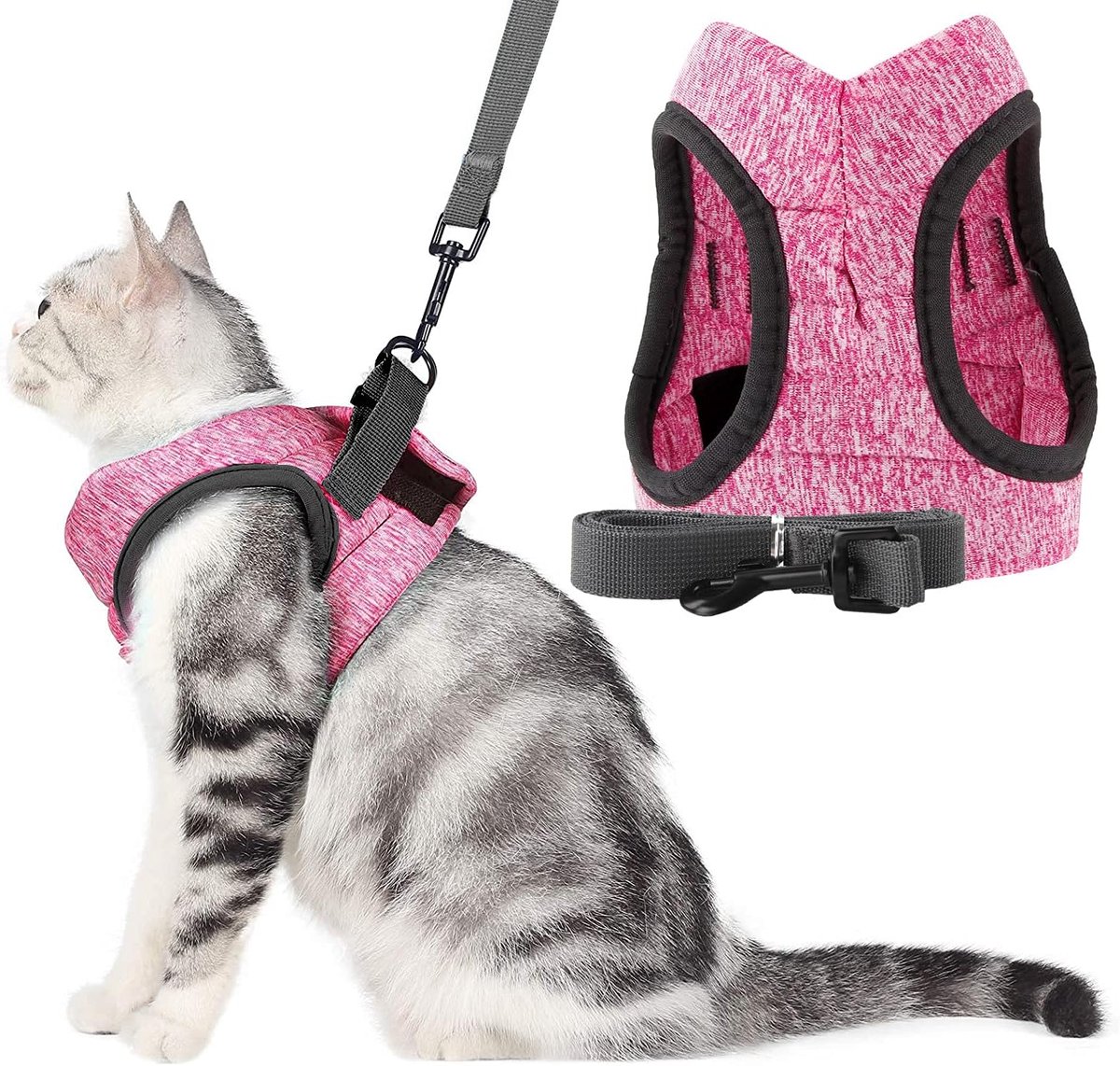 Kattenharnas en riem, verstelbaar, zacht gaas, stap in, gewatteerde jassen met intrekbare riem, demping, kattenriem voor kleine tot middelgrote kittens, harnas (S, roze)