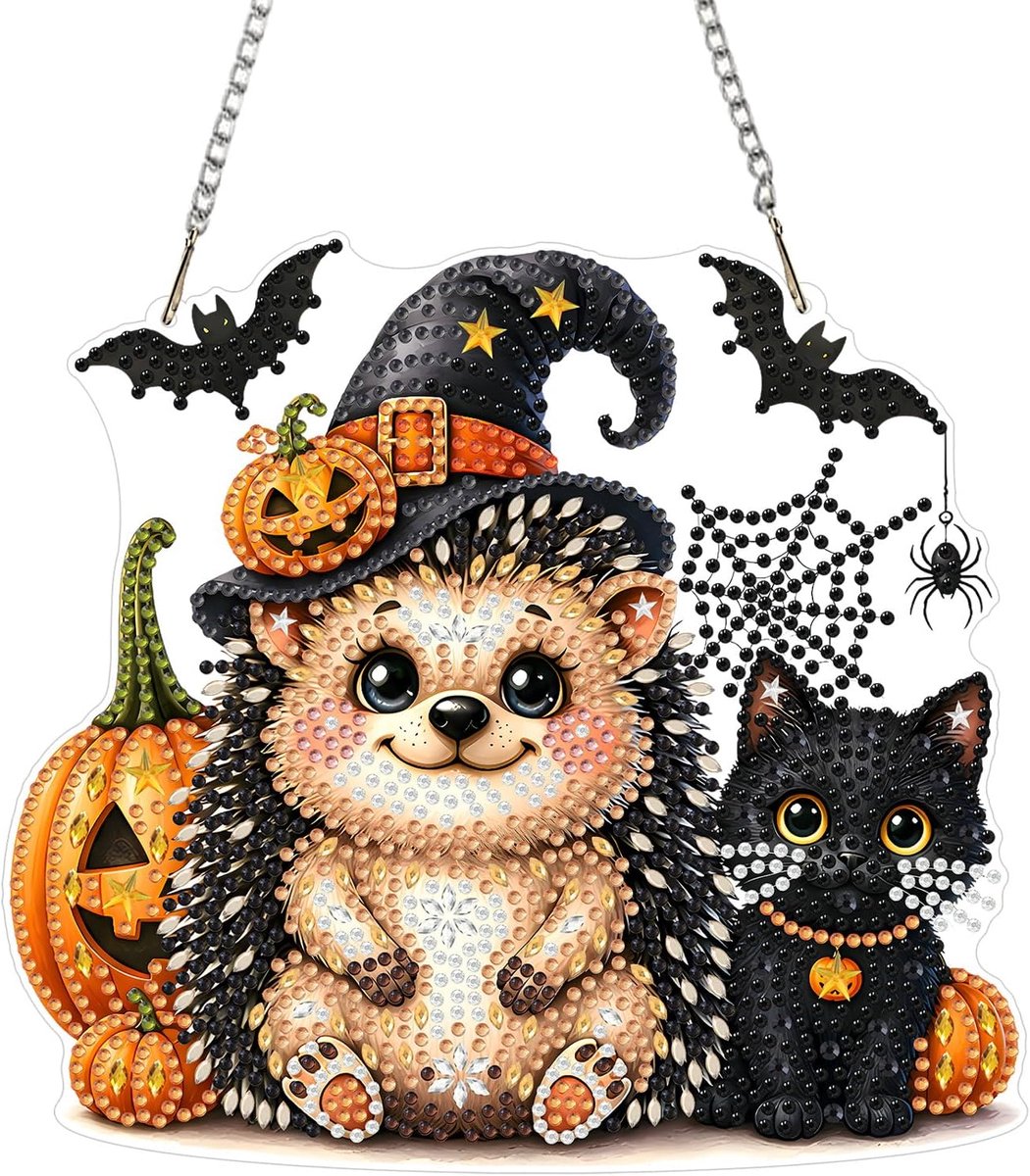 5D Egel Diamantschilderij Hanger, Halloween Pompoenen Sierhanger Kit, Speciaal Vormig Diamant Ornament voor Raam, Tuin, Muur en Woondecoratie
