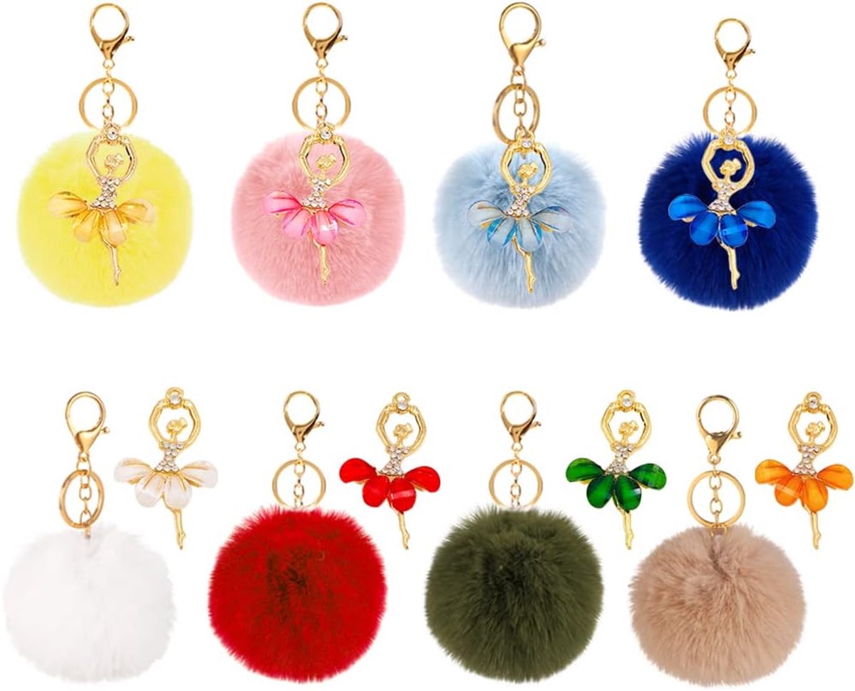 Sleutelhanger Pluche 8 Stuks - Pom Pom Pompon Met Strass en Kwast Voor Handtas, Auto - Veelkleurig