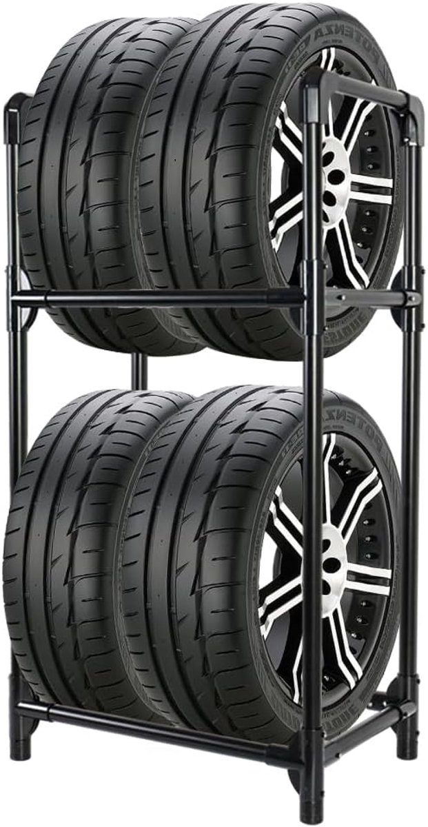 BAOYOUNI Bandenstandaard voor 4 banden of velgen - 2 niveaus - stabiel bandenrek - Ruimtebesparend opbergrek van staal voor garage - kelder - werkplaats - 57 - 2 x 37 - 3 x 114 - 6 cm - zwart