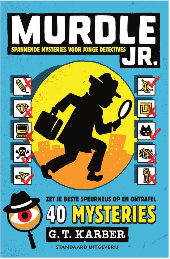 Boekomslag van Murdle Jr. met een silhouet van een detective met vergrootglas.