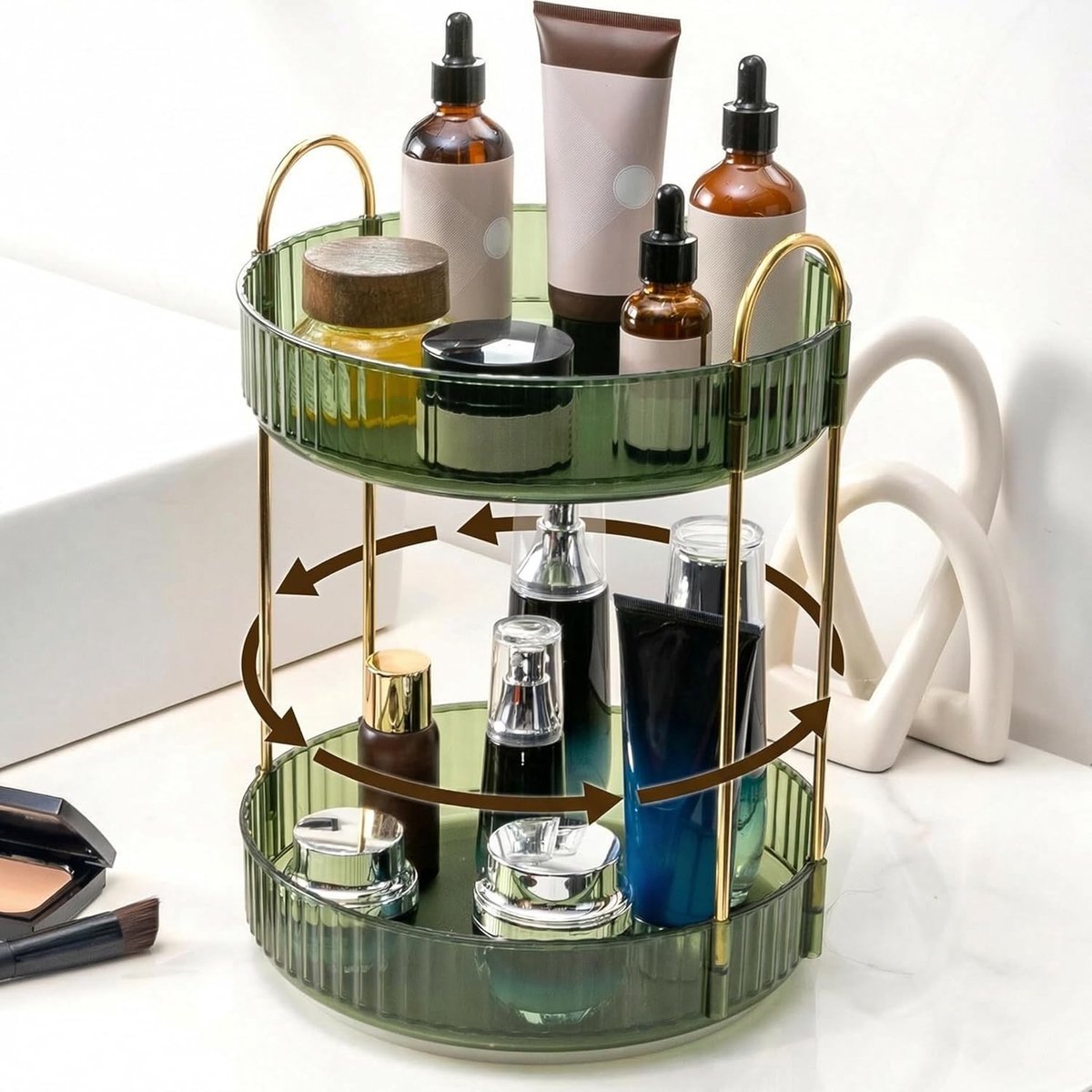 360° Rotating Makeup Organizer voor Cosmetica, Huidverzorging en Parfum - 2 Laags Groene Opbergoplossing voor Dresser en Badkamer