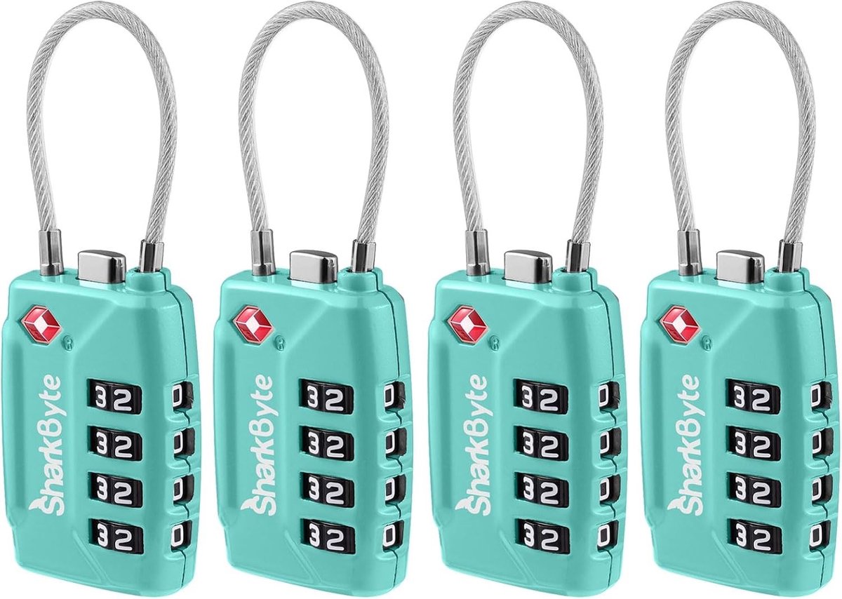 TSA Goedgekeurde Koffersloten - Mintgroen - 4-Dial Beveiliging Combinatie Hangslot - Flexibele Kabel voor Koffers en Gym Lockers