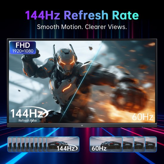 144Hz FHD 1920x1080 gaming monitor. Toont een pantser aan. Vergelijkt beelden van 144Hz en 60Hz.