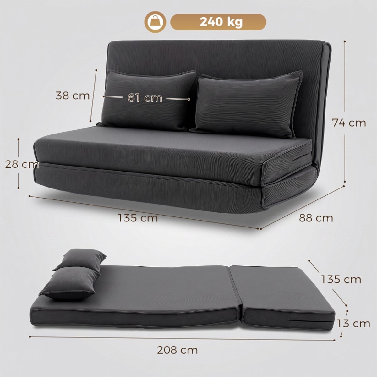 COVREO Slaapbank 135 x 88 x 74 cm donkergrijs cordstof, verstelbare rugleuning