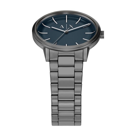 Bovenaanzicht van het grijze horloge met blauwe wijzerplaat, zilveren indexen en A|X logo op een schakelband.