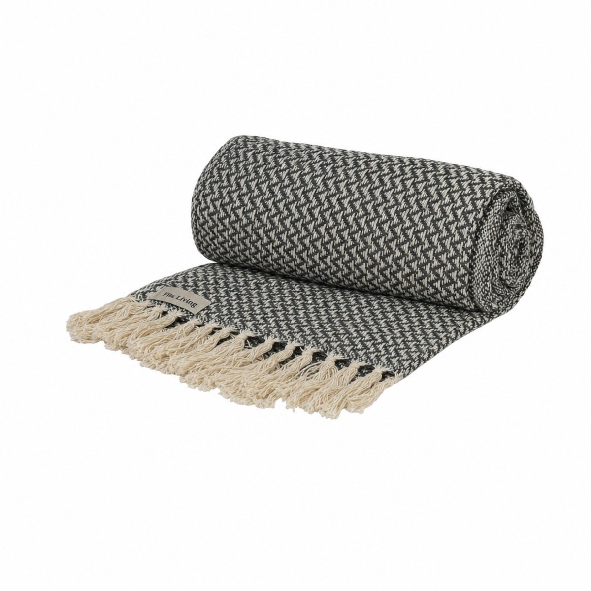 Fitz Living Plaid Visgraat 130 x 180 cm - Zwart - Gerecycled Katoen met Kwastjes