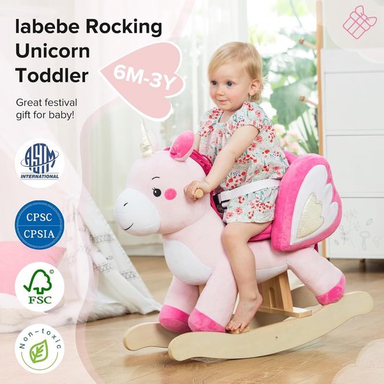Houten Hobbelpaard Eenhoorn voor Baby's van 1-12 Jaar - Schommel speelgoed voor Binnen en Buiten, Roze van Merkloos — afbeelding 4