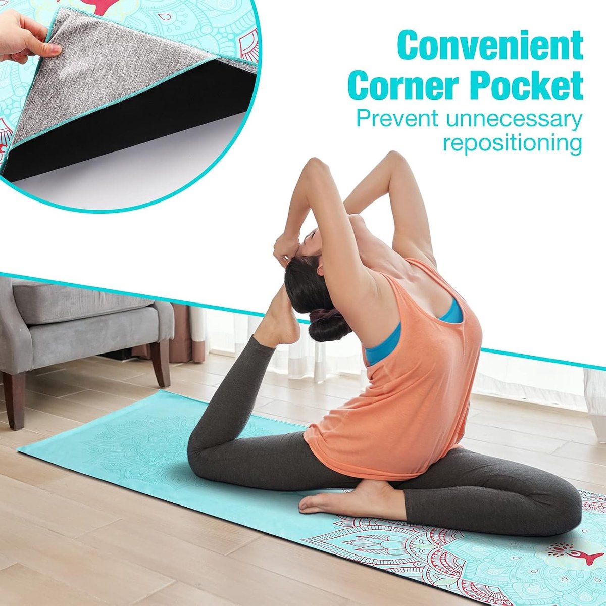 Yoga Handdoek Antislip voor Hot Yoga en Pilates - Sneldrogend met Hoekzak voor Gym en Buitenactiviteiten