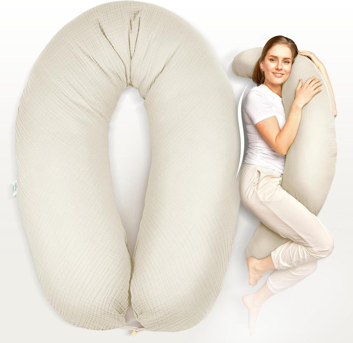 Borstvoedingskussen XXL - Zijslaper kussen - Comfortabel slapen - Oeko-Tex gecertificeerd - 190 x 30 cm - Mousseline natuur